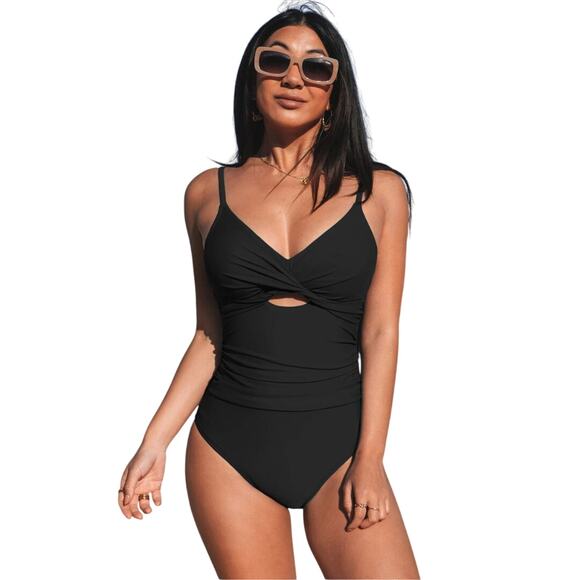 Cupshe Women's V Neck Timeless Black Ruched One Piece Swimwear Size Large - Picture 2 of 7